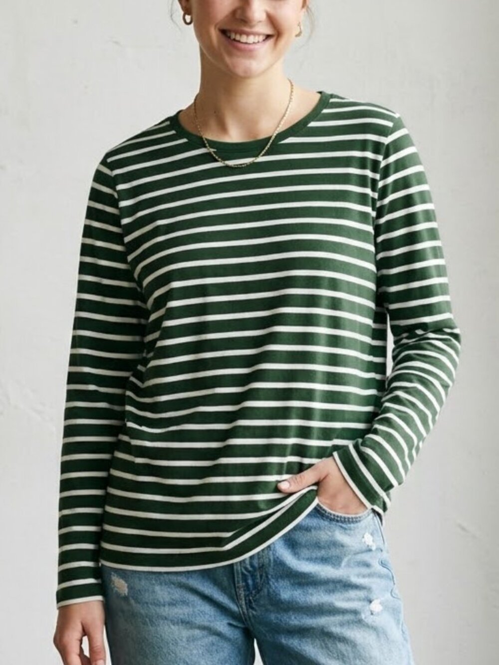 Lands' End Green Breton Stripe Supima Cotton Relaxed Long Sleeve Tee Size S/M